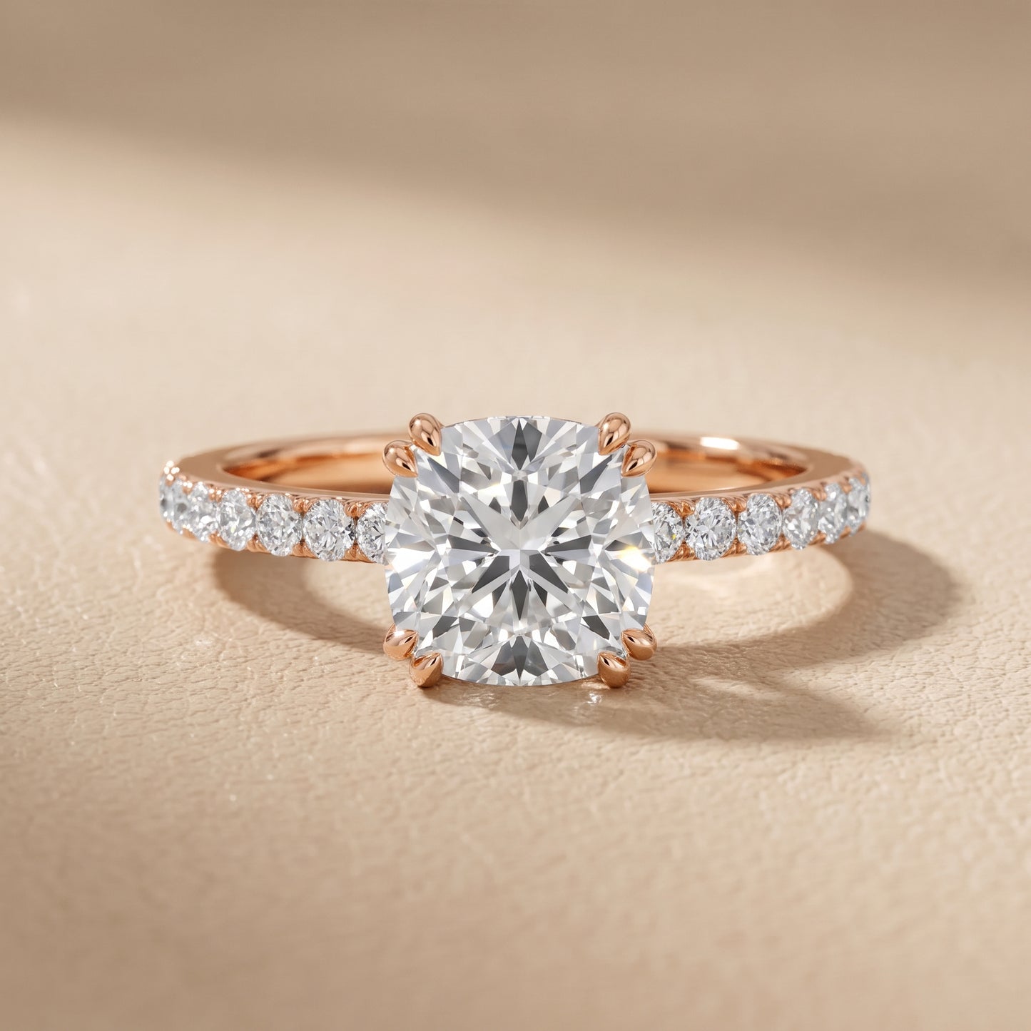 Novara Solitaire Pavé Cushion Diamond Ring in Rose Gold - front.jpg