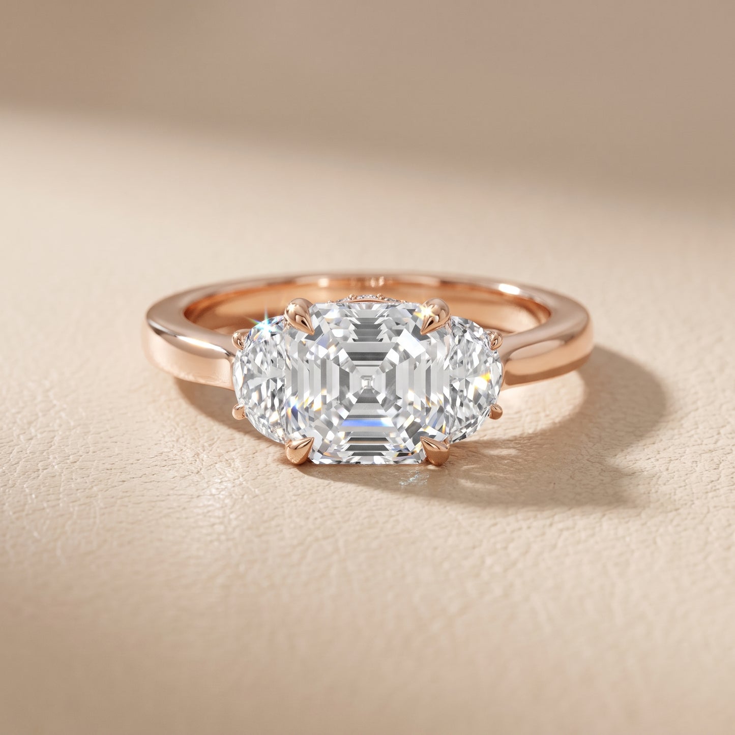 Romy Three-Stone Asscher Diamond Engagement Ring in Rose Gold - front.jpg