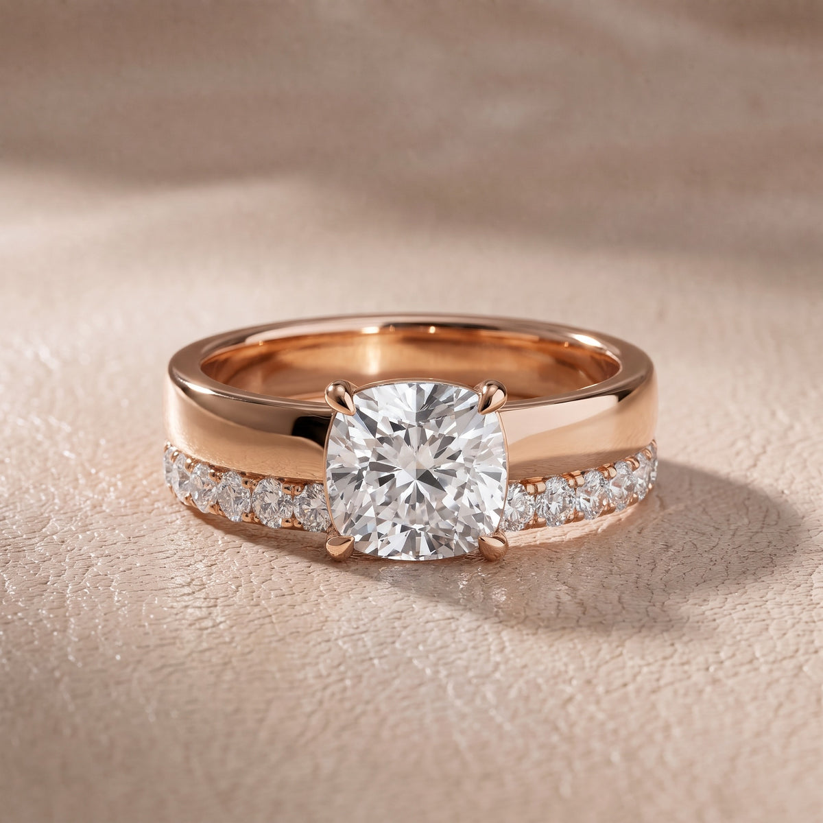 Josephine Split Shank Pavé Cushion Diamond Engagement Ring in Rose Gold - front.jpg