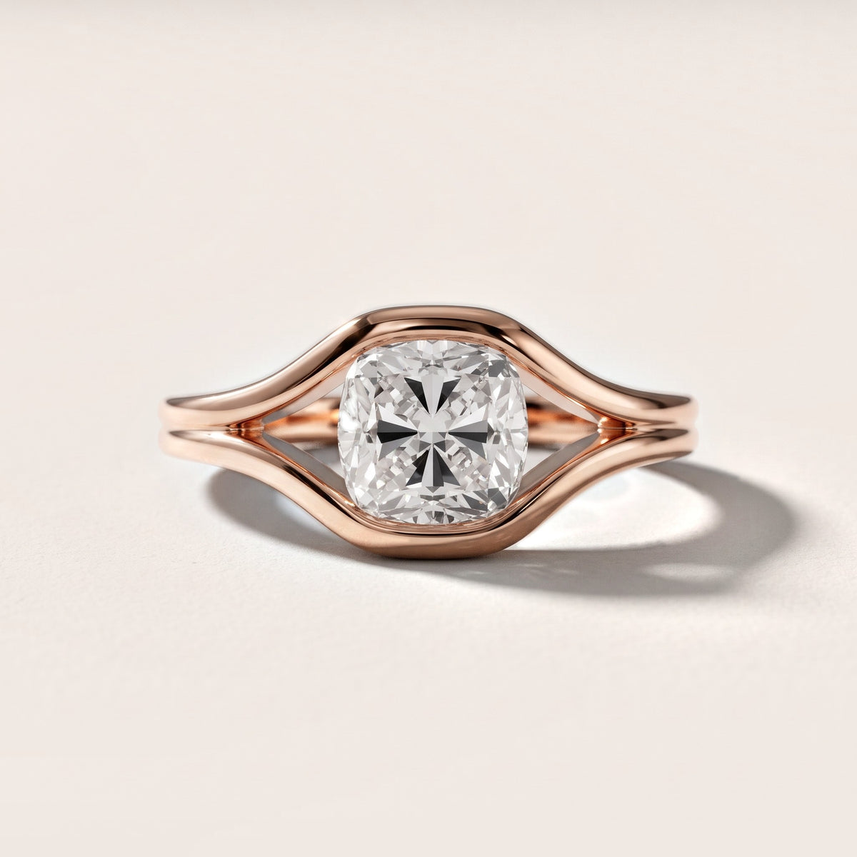 Windsor Half Bezel Solitaire Cushion Diamond Engagement Ring in Rose Gold - front.jpg
