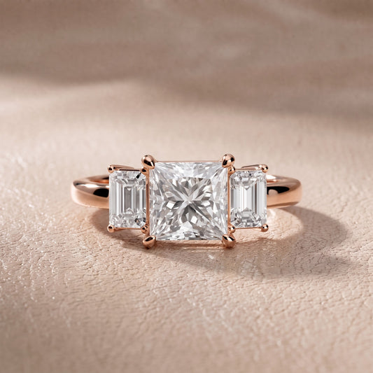 Zoe Three-Stone Princess Diamond Engagement Ring in Rose Gold - front.jpg
