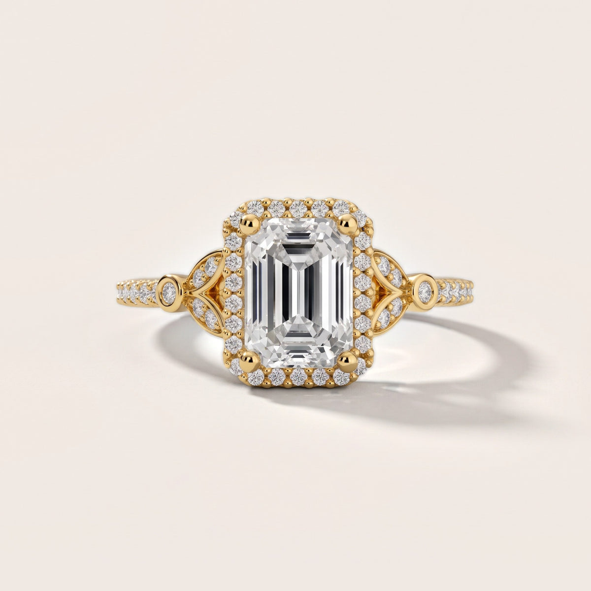 Sitka Leaf Halo Emerald Diamond Engagement Ring in Yellow Gold - front.jpg