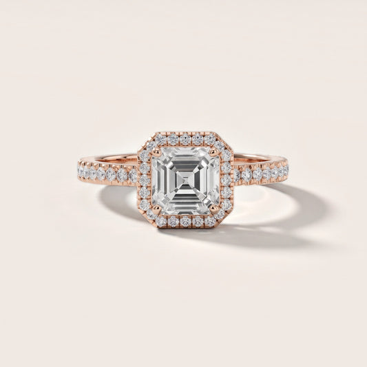 Rosemary Halo Pavé Asscher Diamond Engagement Ring in Rose Gold