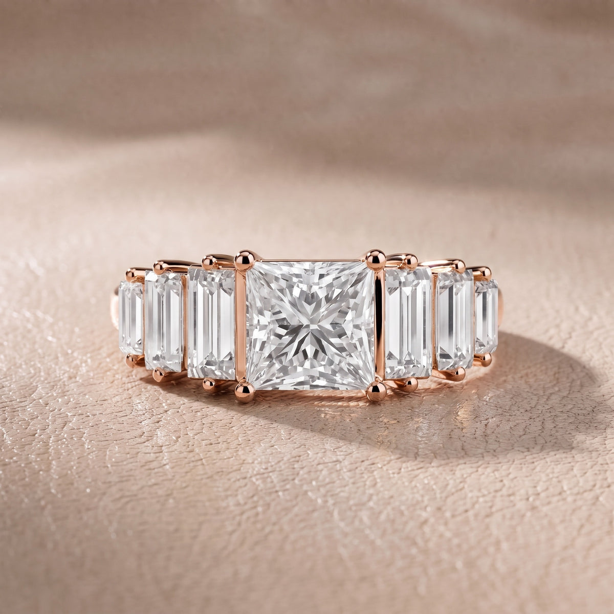 Mara Sidestone Baguette Accent Princess Diamond Engagement Ring in Rose Gold - front.jpg
