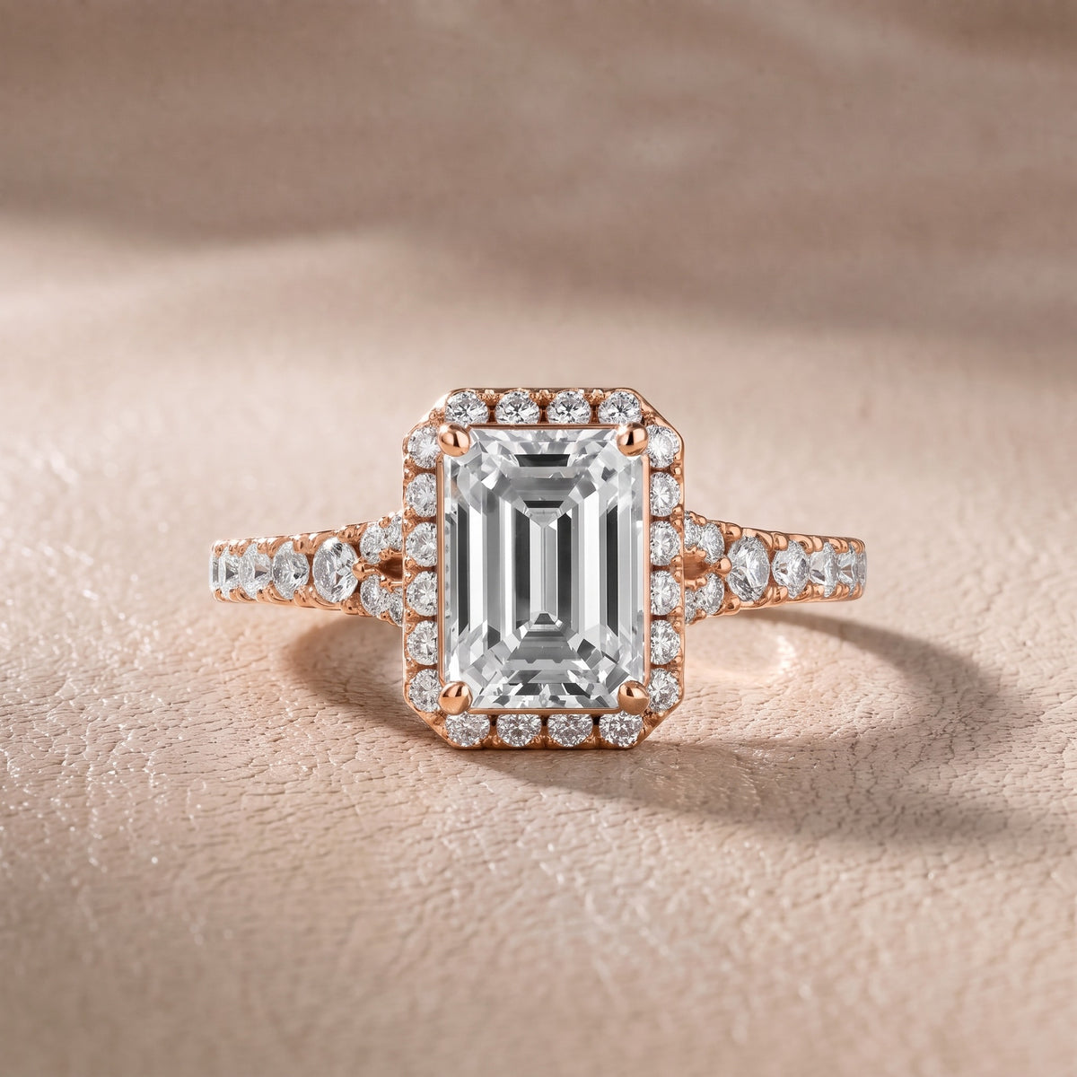 Bella Halo Pavé Emerald Diamond Engagement Ring in Rose Gold - front.jpg