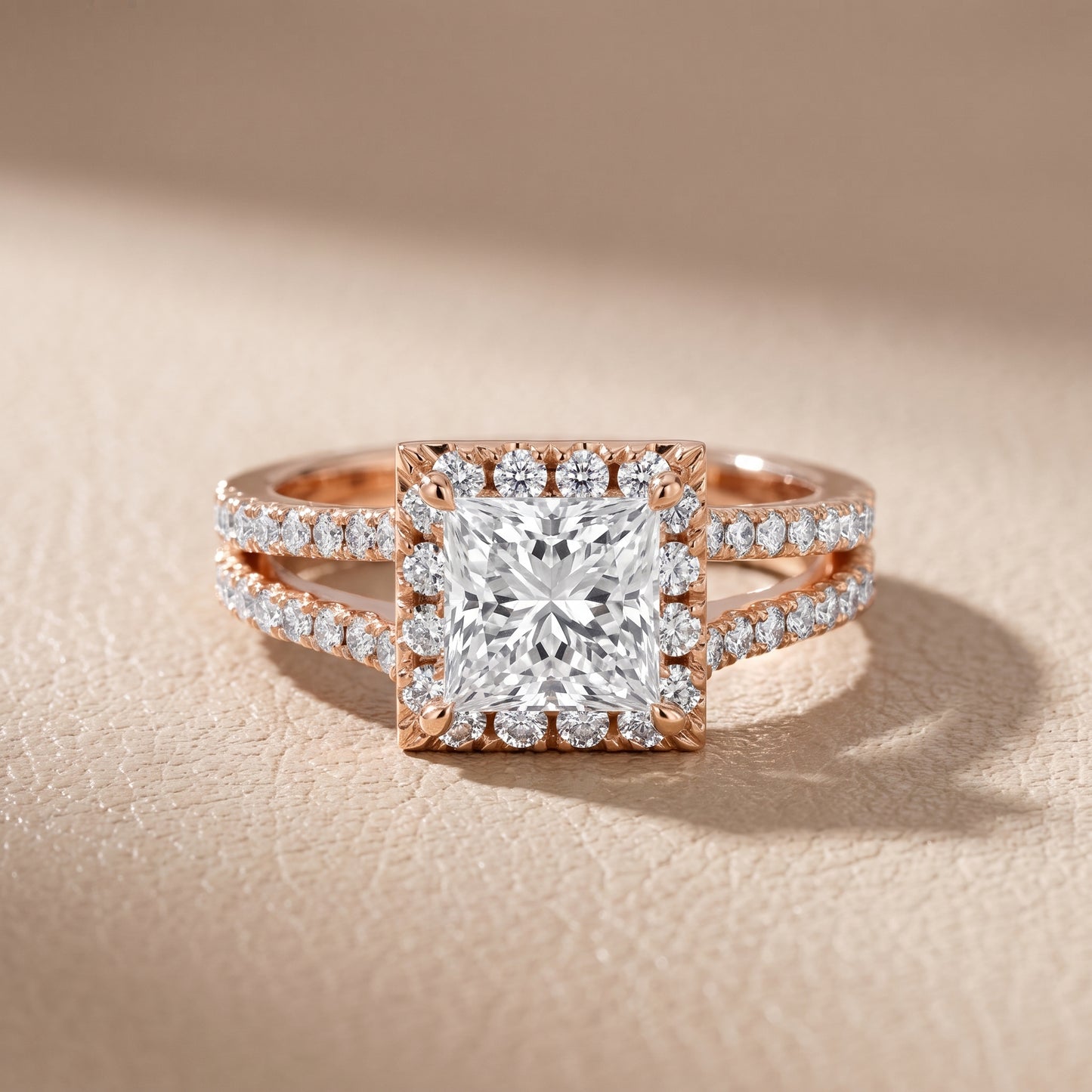 Kira Halo Split Shank Princess Diamond Engagement Ring in Rose Gold - front.jpg