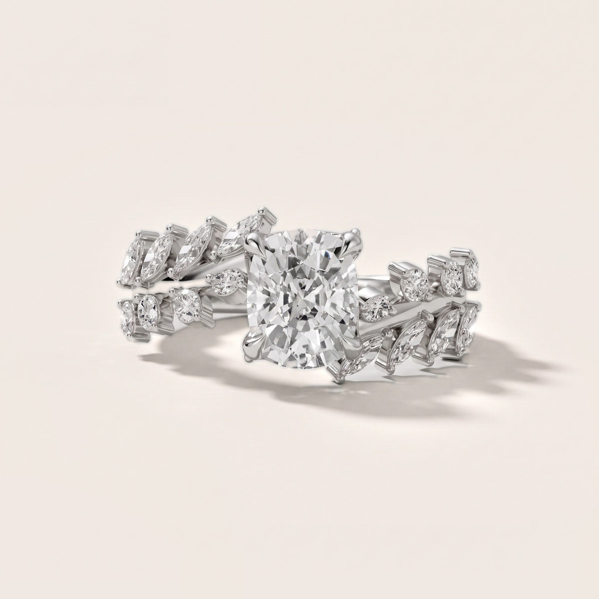 Beulah Leaf Garland Cushion Diamond Engagement Ring in Silver - front.jpg