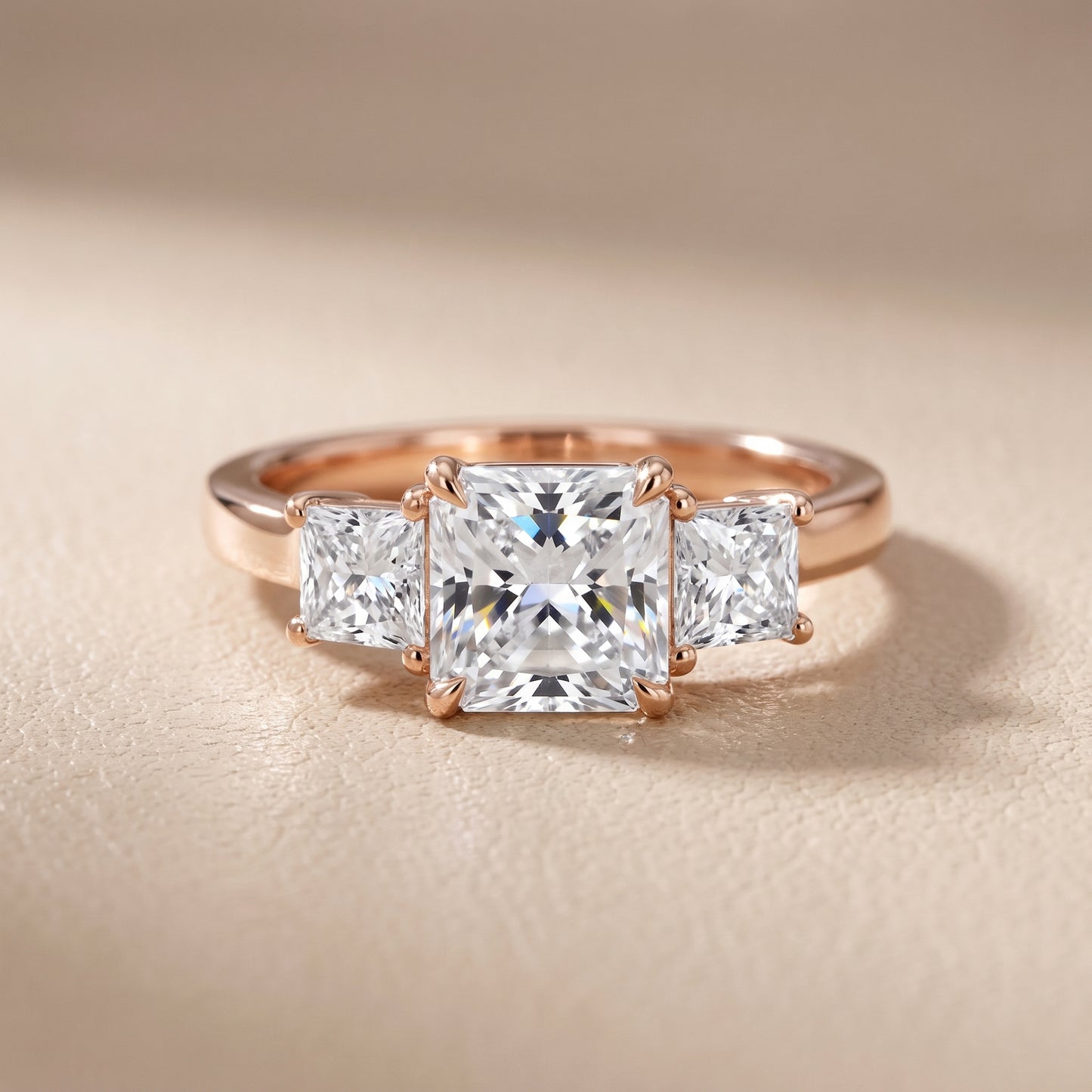 Sienna Three-Stone Radiant Diamond Ring in Rose Gold - front.jpg