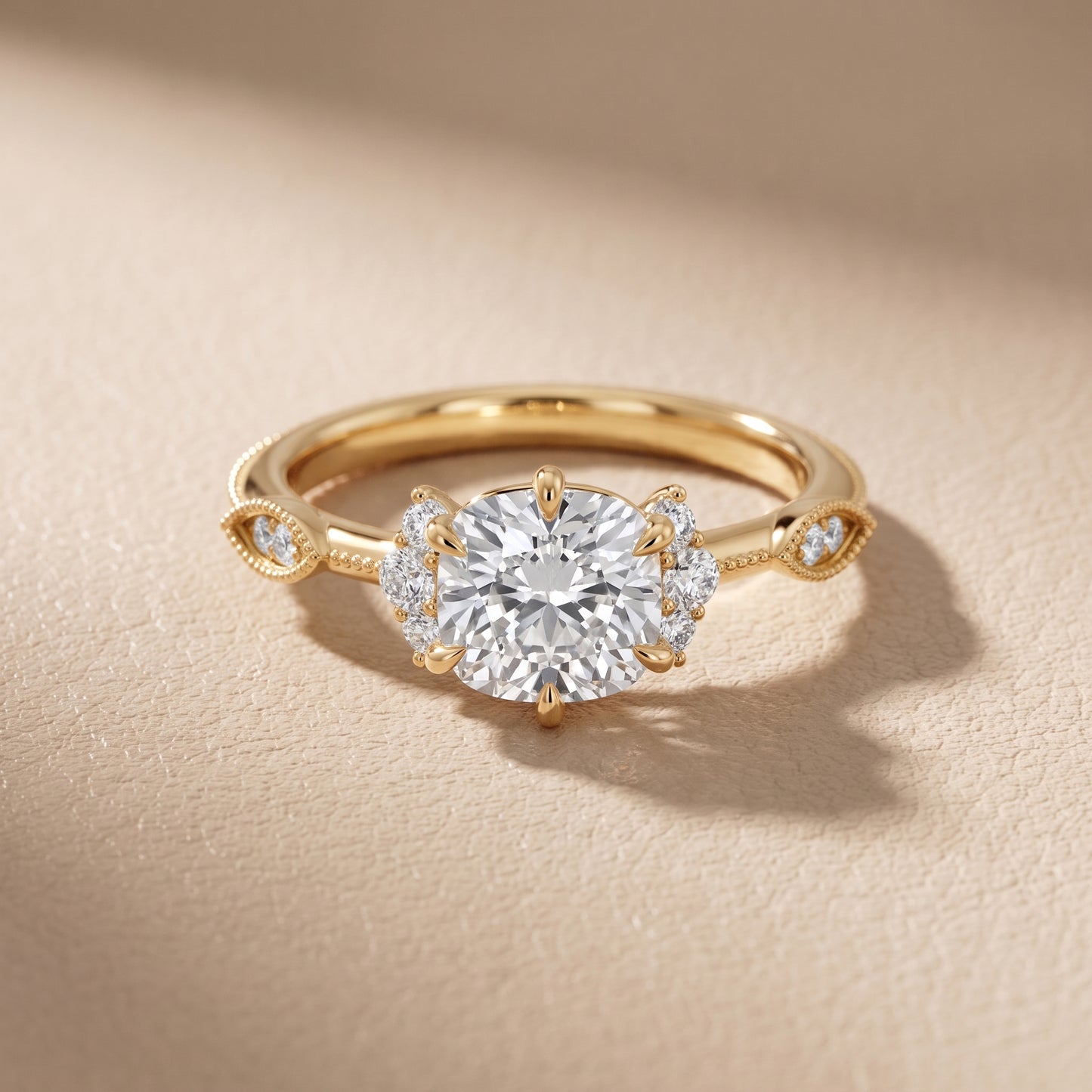 Naomi Vintage Milgrain Cushion Diamond Engagement Ring in Yellow Gold - front.jpg