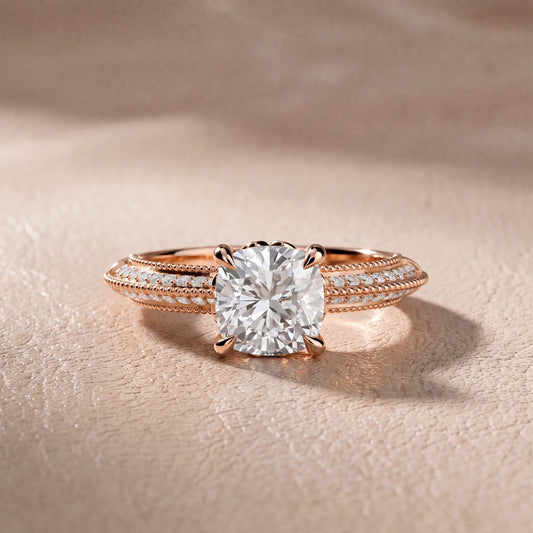 Chiara Vintage Milgrain Cushion Diamond Engagement Ring in Rose Gold - front.jpg
