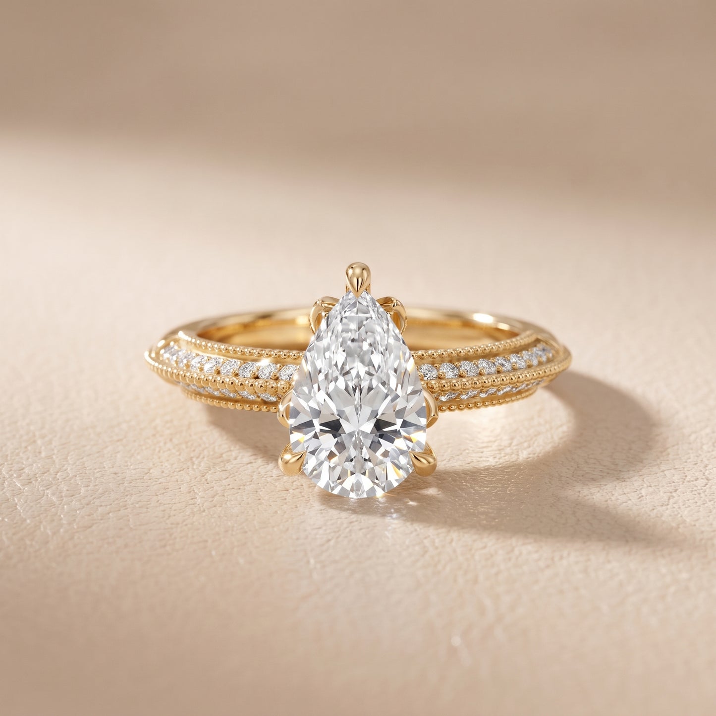 Indie Vintage Milgrain Pear Diamond Engagement Ring in Yellow Gold - front.jpg