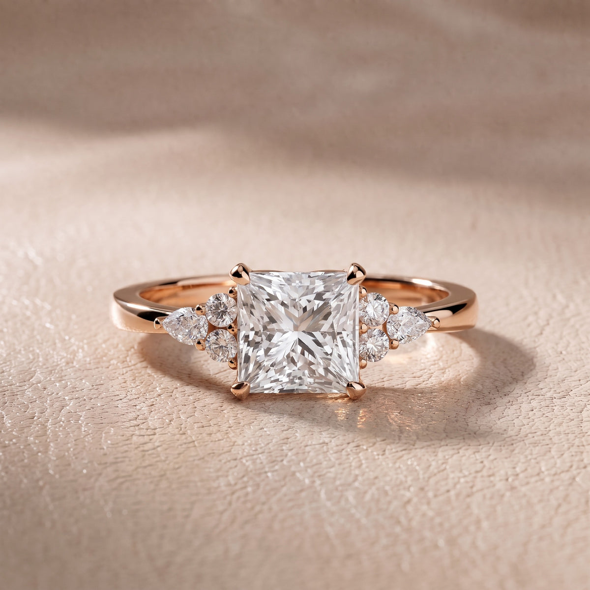 Amelia Three Stone Princess Diamond Engagement Ring in Rose Gold - front.jpg