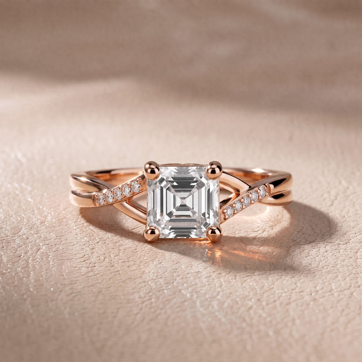 Veronica Twist Side Stone Asscher Diamond Engagement Ring in Rose Gold - front.jpg