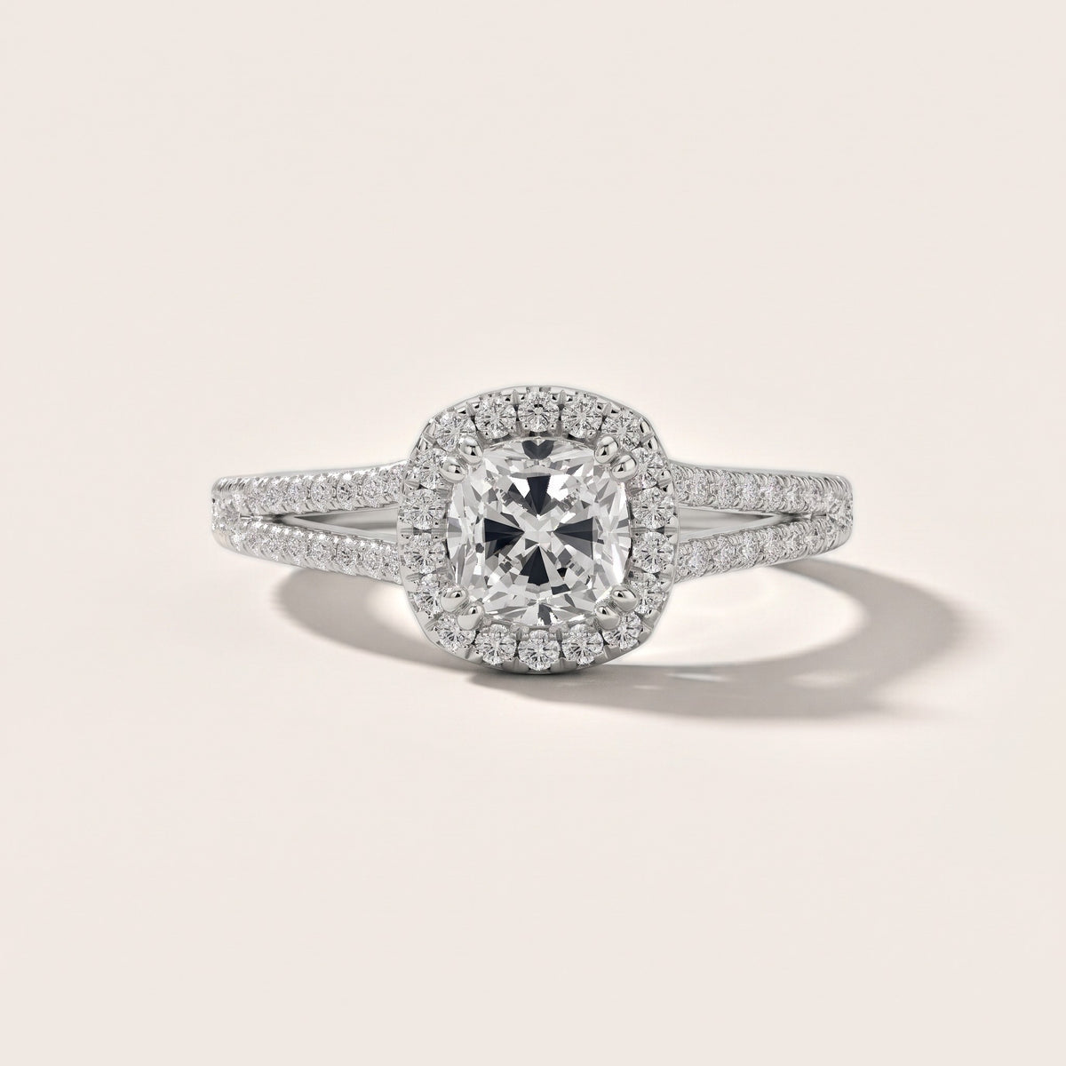 Dallas Halo Split Shank Cushion Diamond Engagement Ring in Platinum - front.jpg