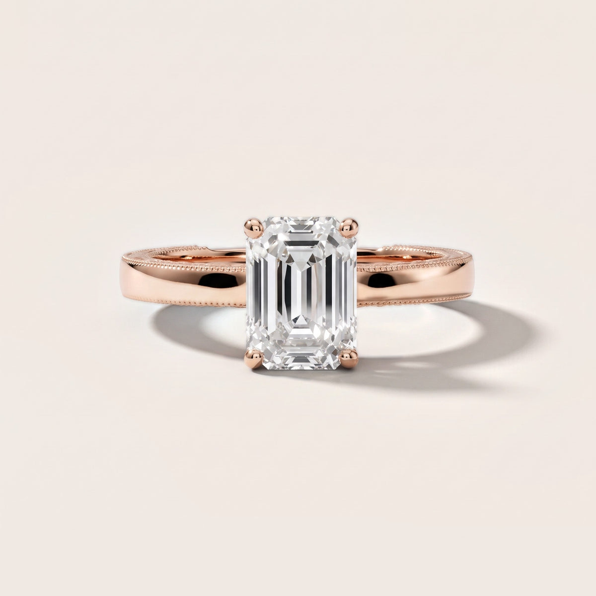 Kerry Engraved Solitaire Emerald Diamond Engagement Ring in Rose Gold - front.jpg