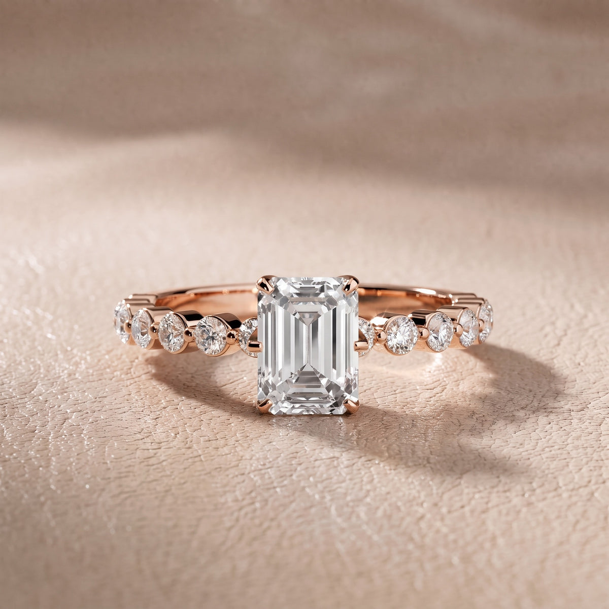 Eleanor Majesty Side Stone Emerald Diamond Engagement Ring in Rose Gold - front.jpg