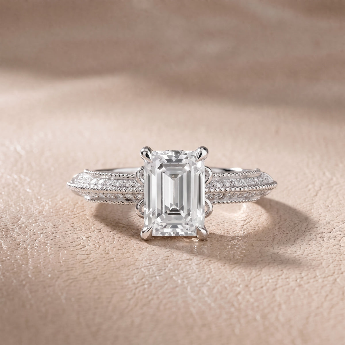 Chiara Vintage Milgrain Emerald Diamond Engagement Ring in Platinum - front.jpg
