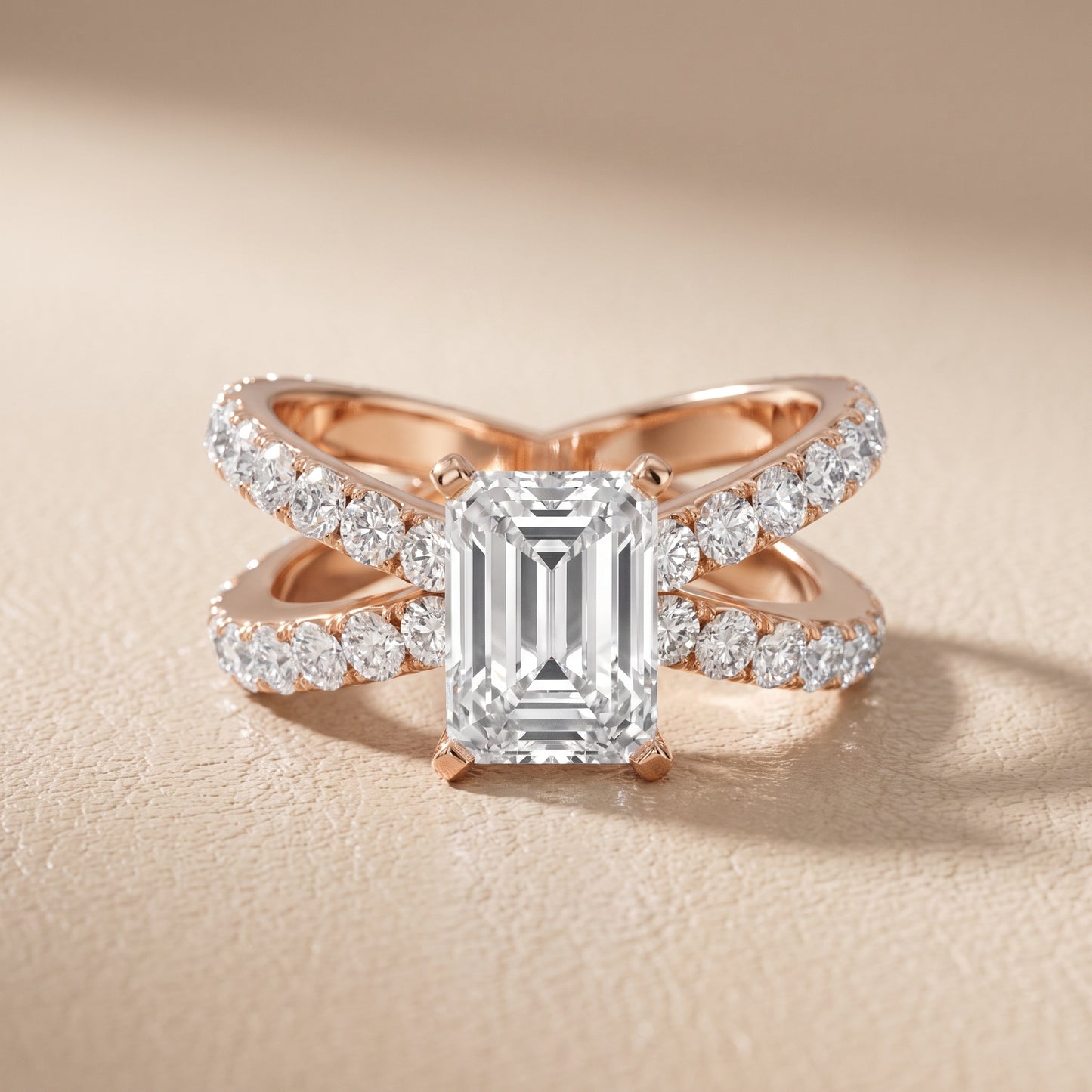 Lior Criss Cross Pavé Emerald Diamond Engagement Ring in Rose Gold - front.jpg