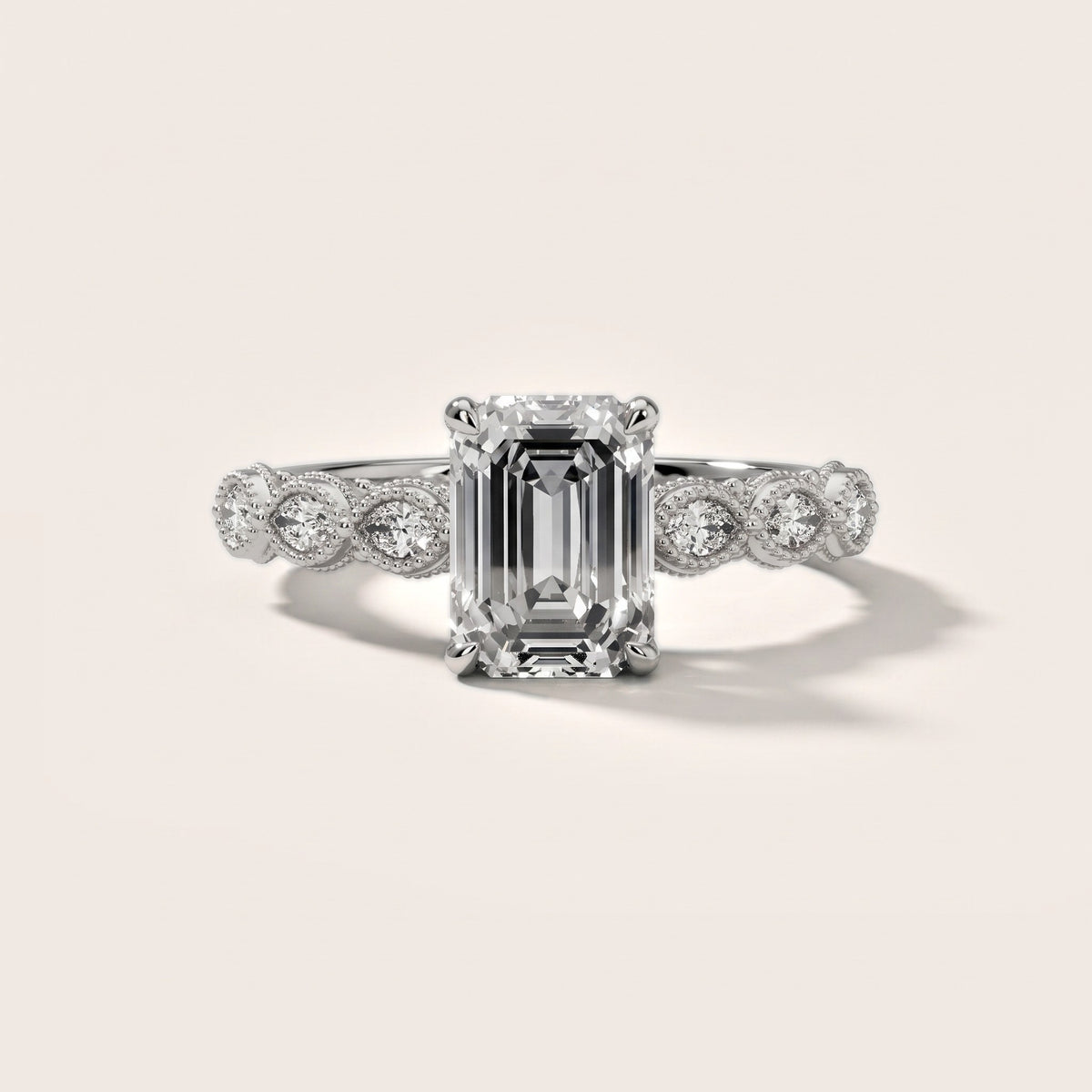 Freya Milgrain Leaf Emerald Diamond Engagement Ring in White Gold - front.jpg