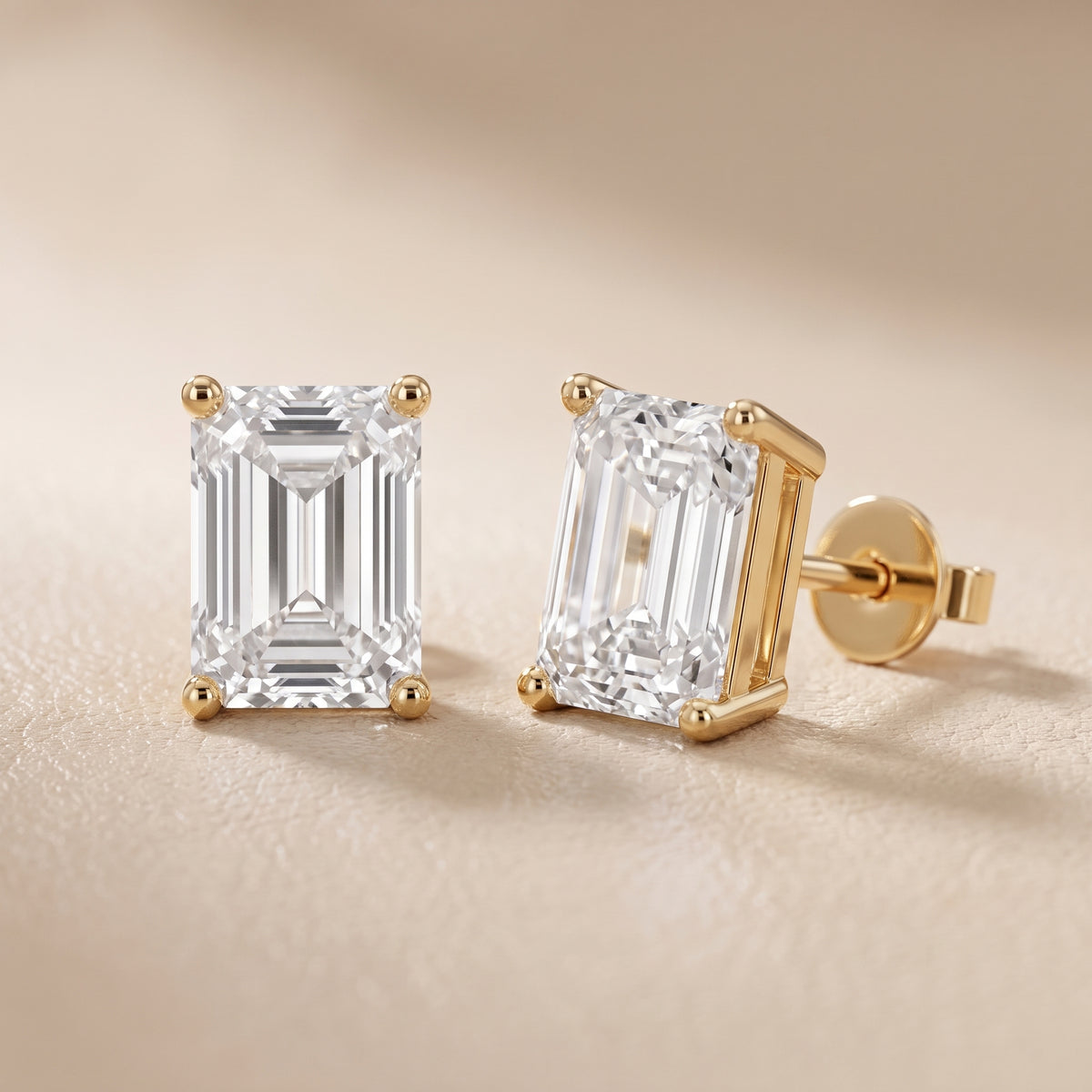 Four Prong Emerald Diamond Stud Earrings in Yellow Gold - lifestyle