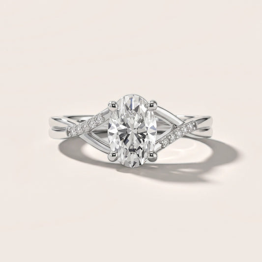 Veronica Twist Side Stone Oval Diamond Engagement Ring in White Gold