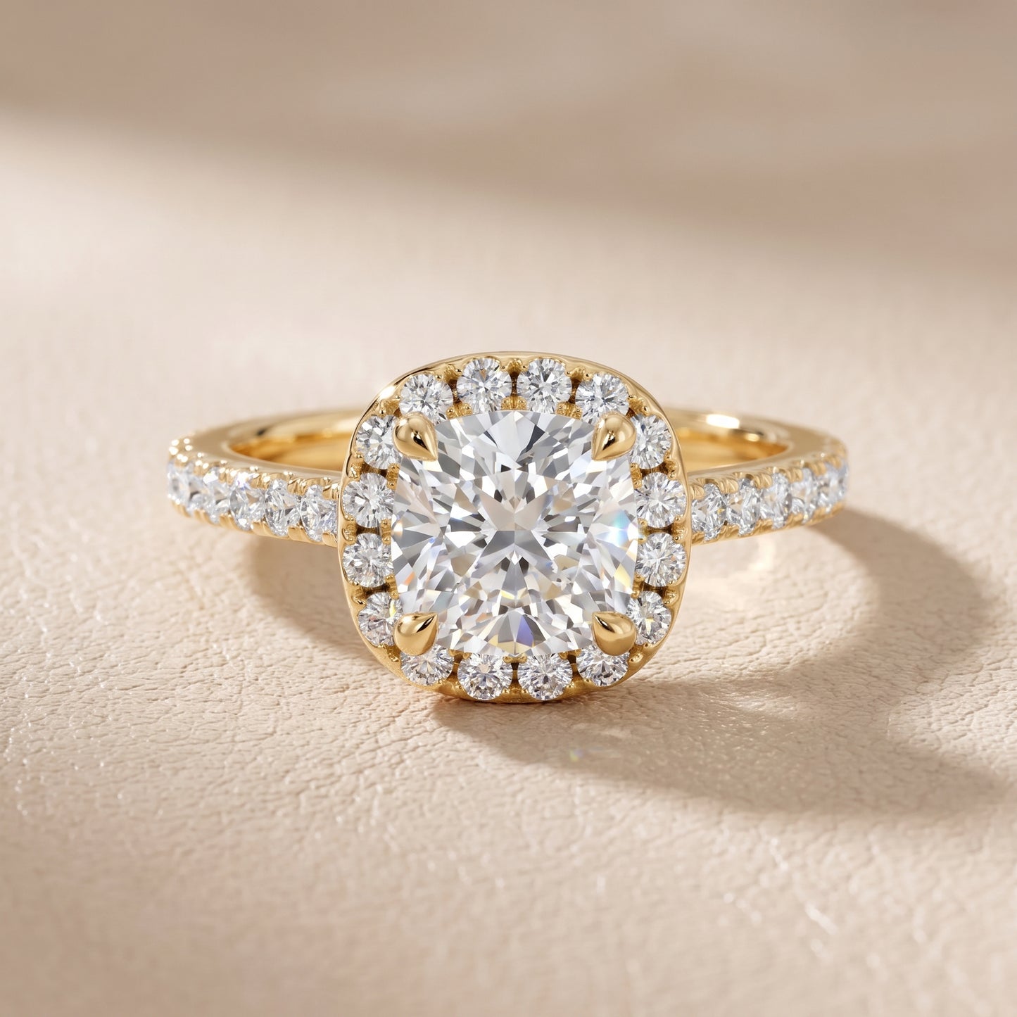 Amara Halo Claw Prong Cushion Diamond Ring in Yellow Gold - front.jpg