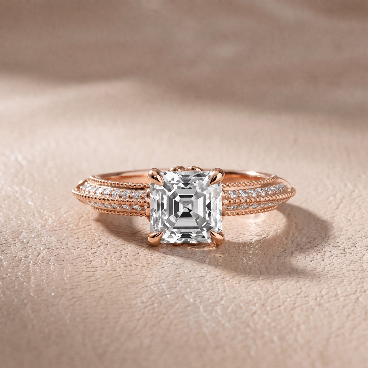 Chiara Vintage Milgrain Asscher Diamond Engagement Ring in Rose Gold - front.jpg