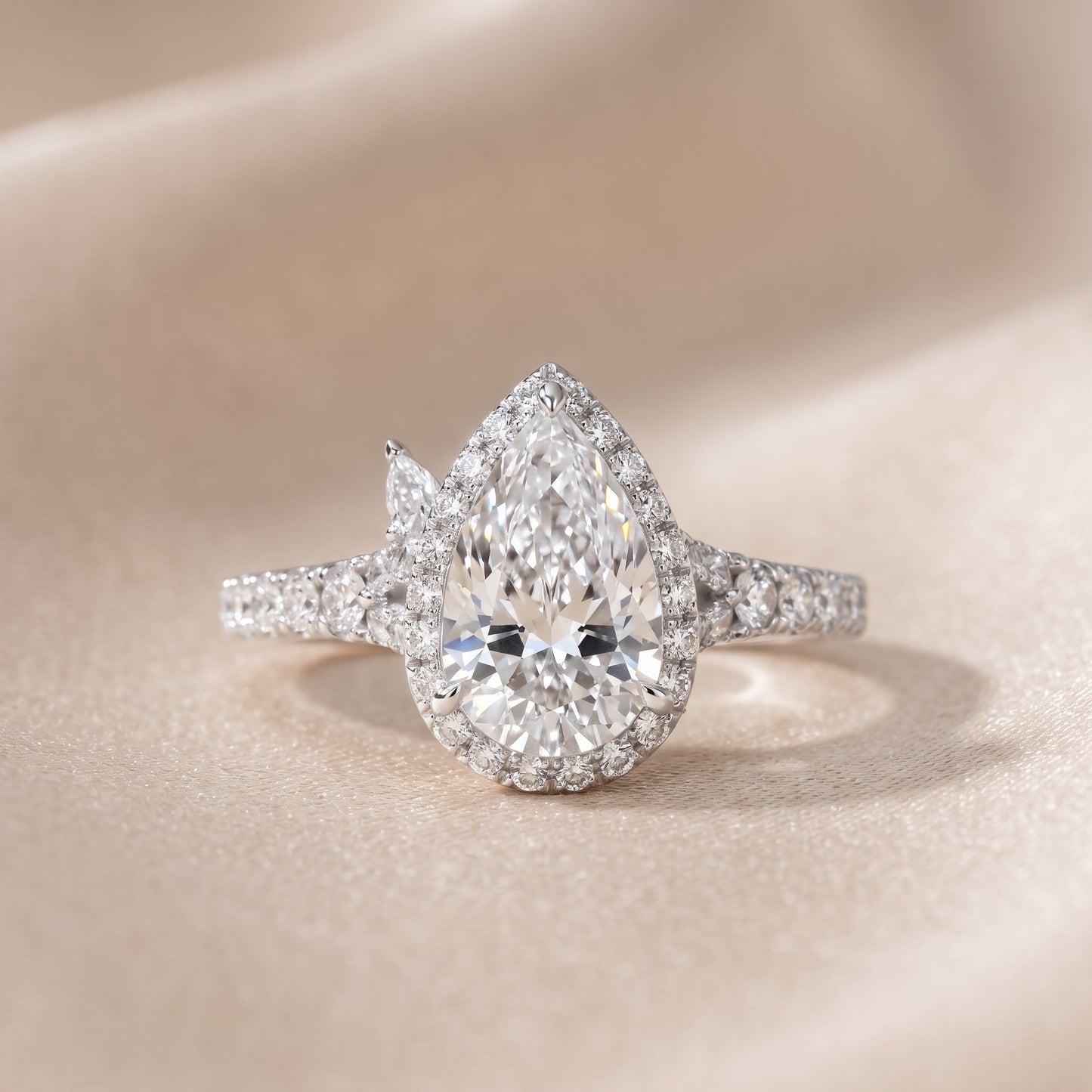 Bella Halo Pavé Pear Diamond Engagement Ring in Silver - front.jpg