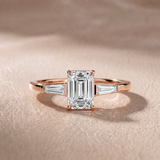 Winnie Three-Stone Emerald Diamond Engagement Ring in Rose Gold - front.jpg
