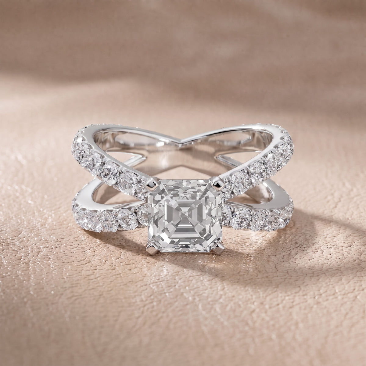Ilaria Criss Cross Pavé Asscher Diamond Engagement Ring in Platinum - front.jpg
