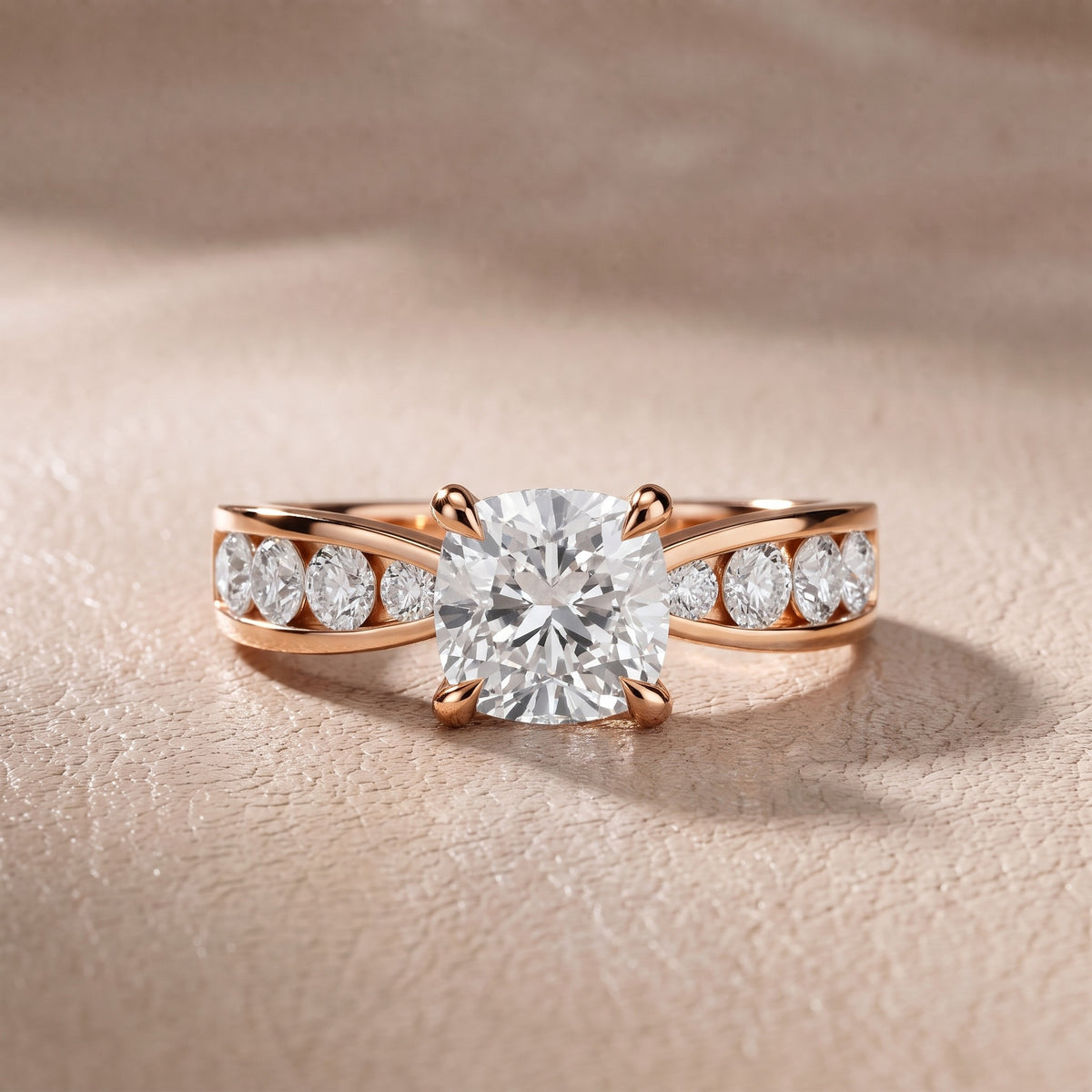 Rosalie Channel Set Sidestone Cushion Diamond Engagement Ring in Rose Gold - front.jpg