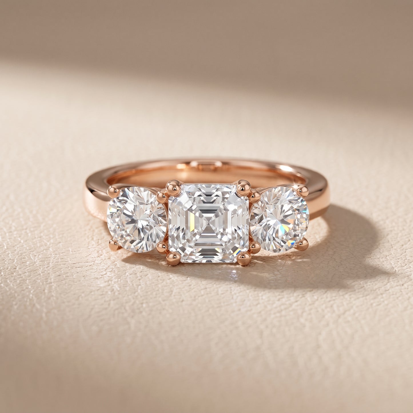 Callie Three-Stone Trellis Asscher Diamond Ring in Rose Gold - front.jpg