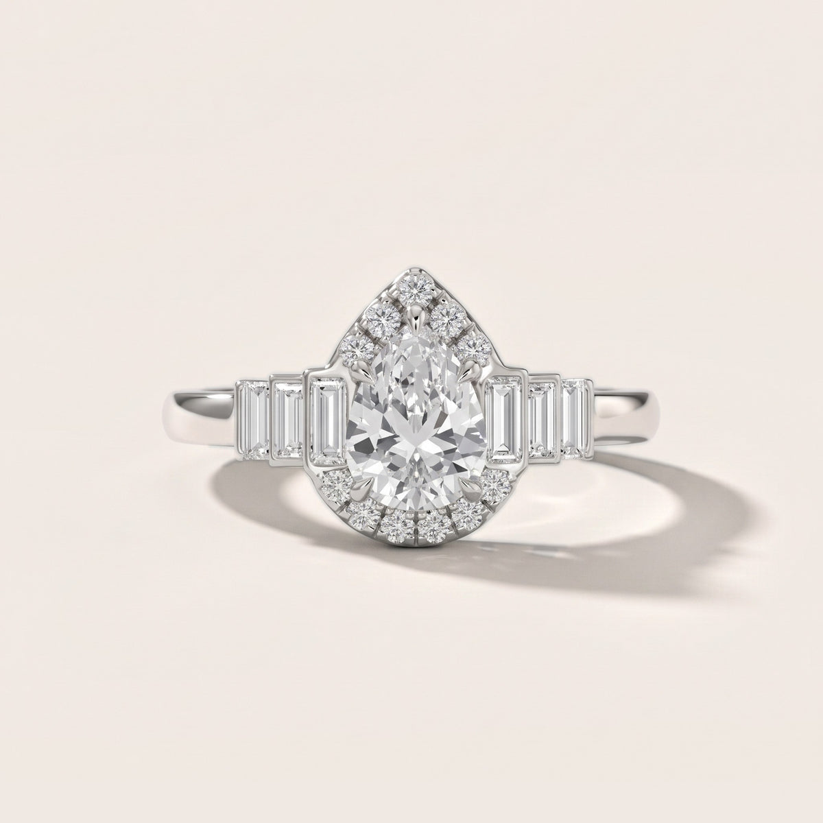 Antonia Baguette Halo Pear Diamond Engagement Ring in Platinum - front.jpg