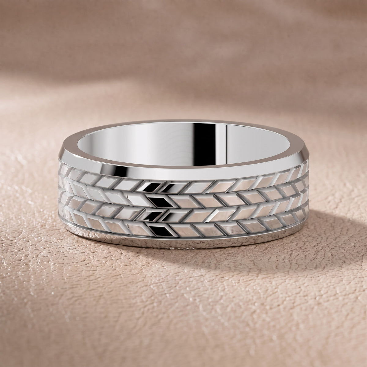 Hazel Carved Step Edge Wedding Band in White Gold - front.jpg