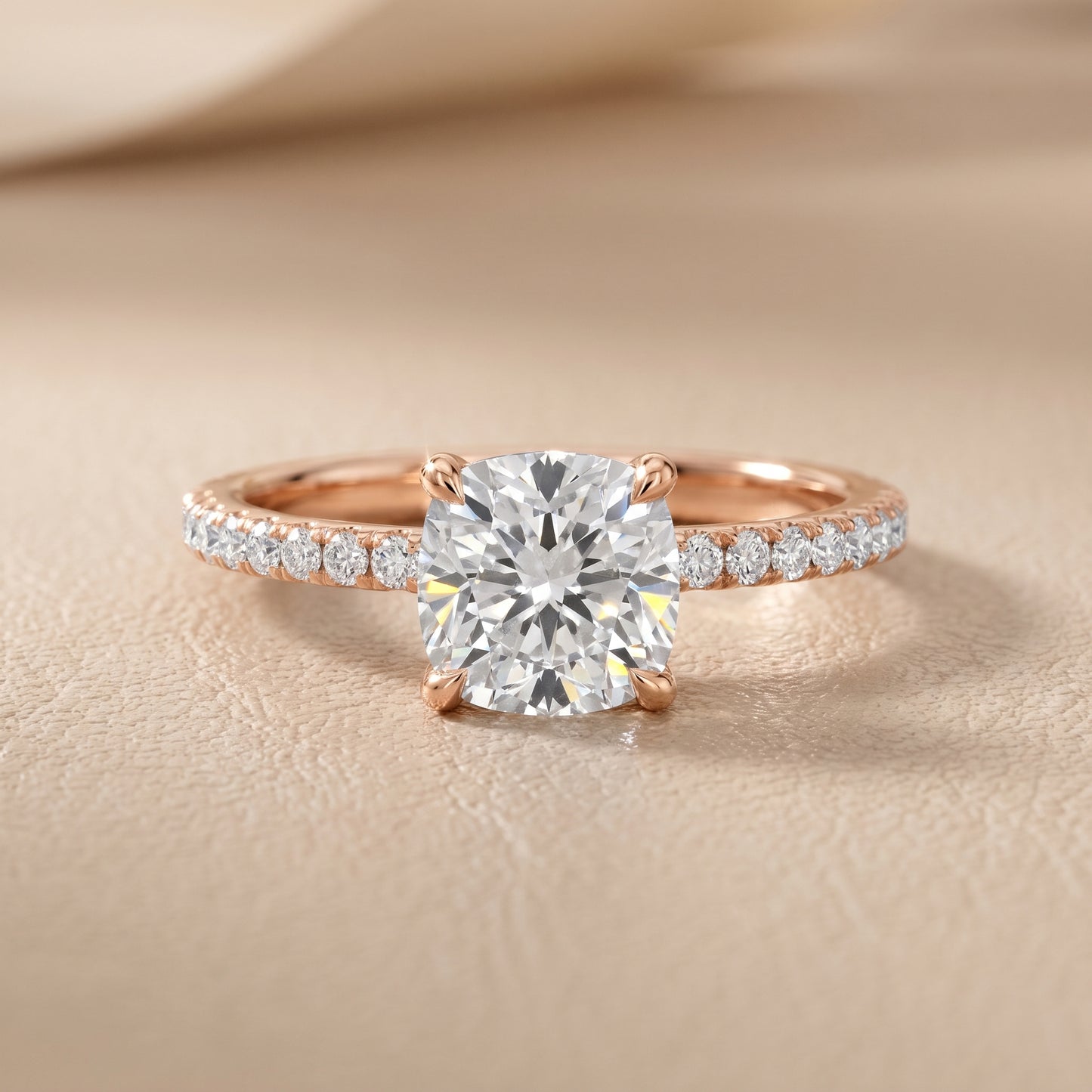 Ione Solitaire Pavé Cushion Diamond Engagement Ring in Rose Gold - front.jpg