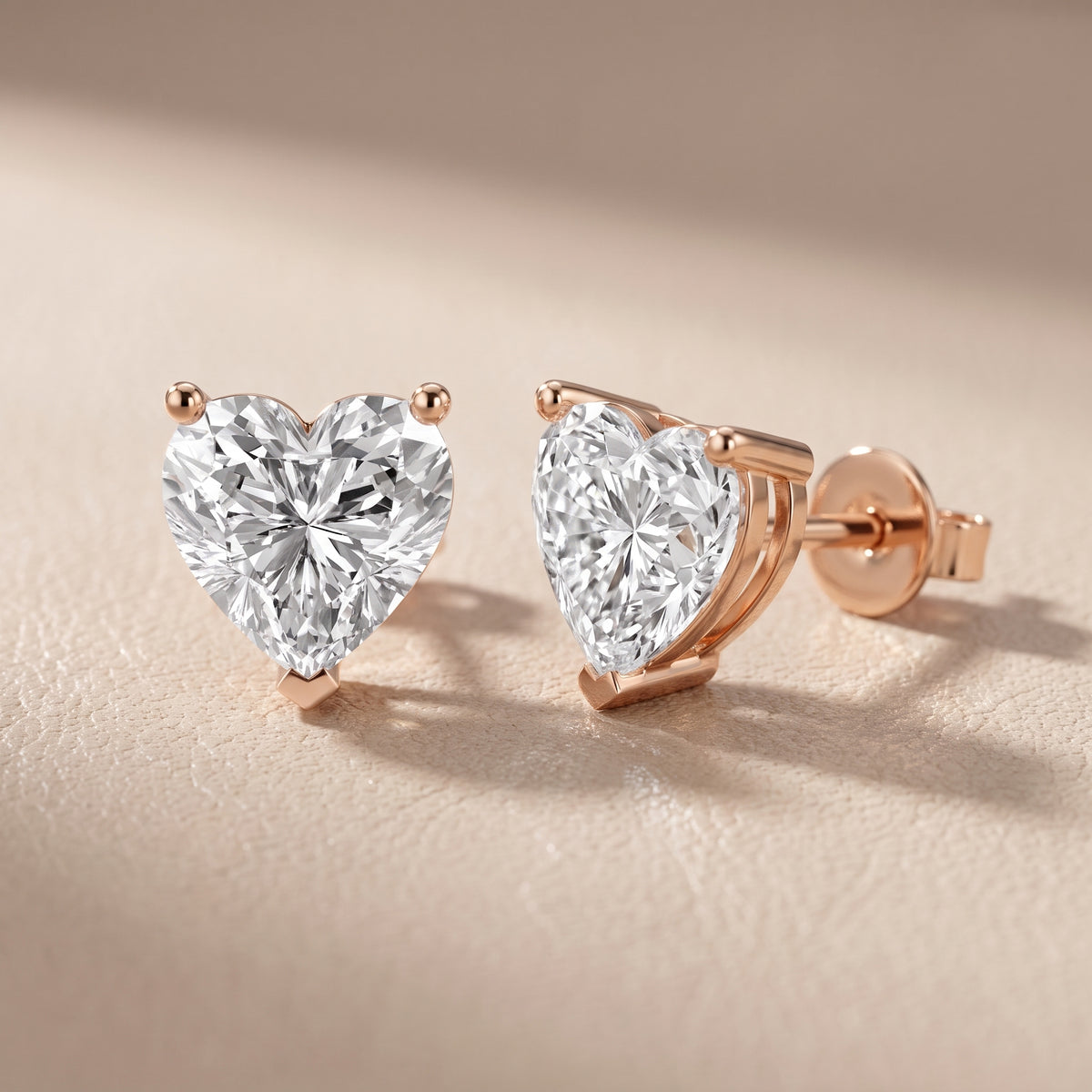 Four Prong Heart Diamond Stud Earrings in Rose Gold - lifestyle