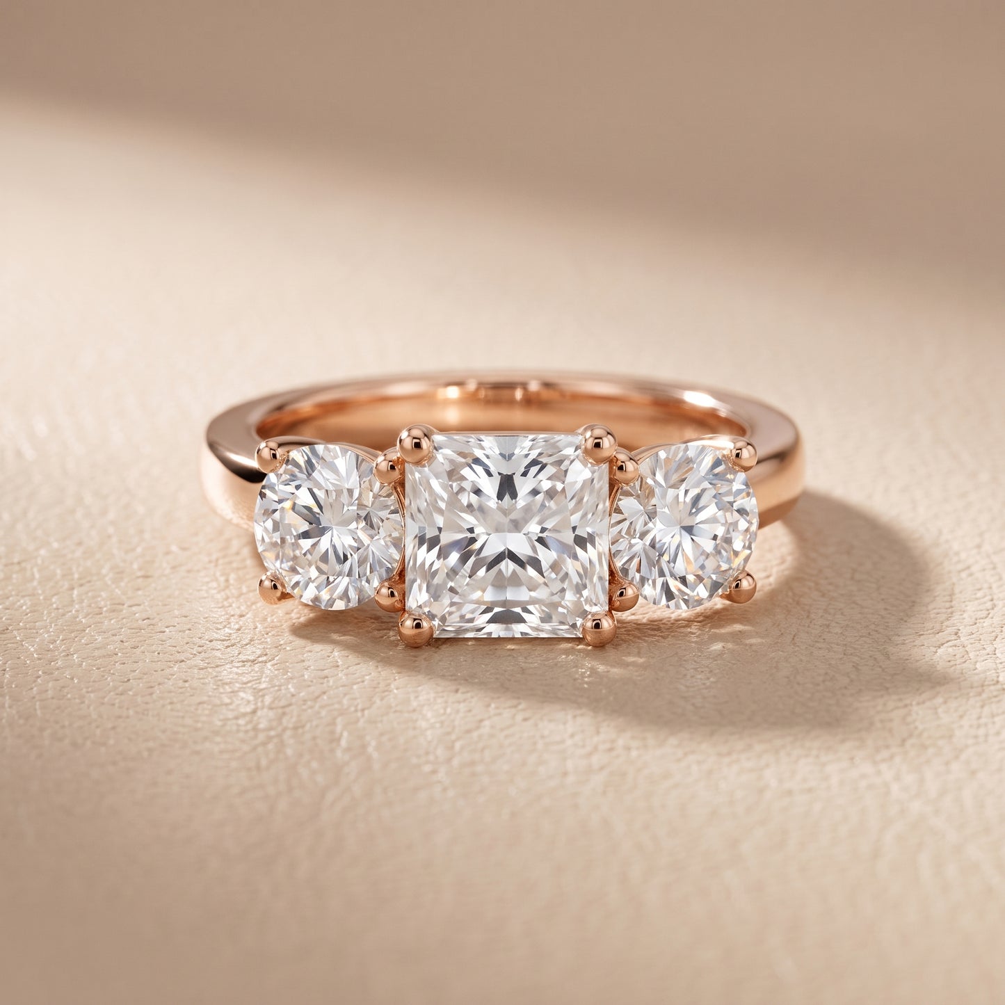 Callie Three-Stone Trellis Radiant Diamond Engagement Ring in Rose Gold - front.jpg