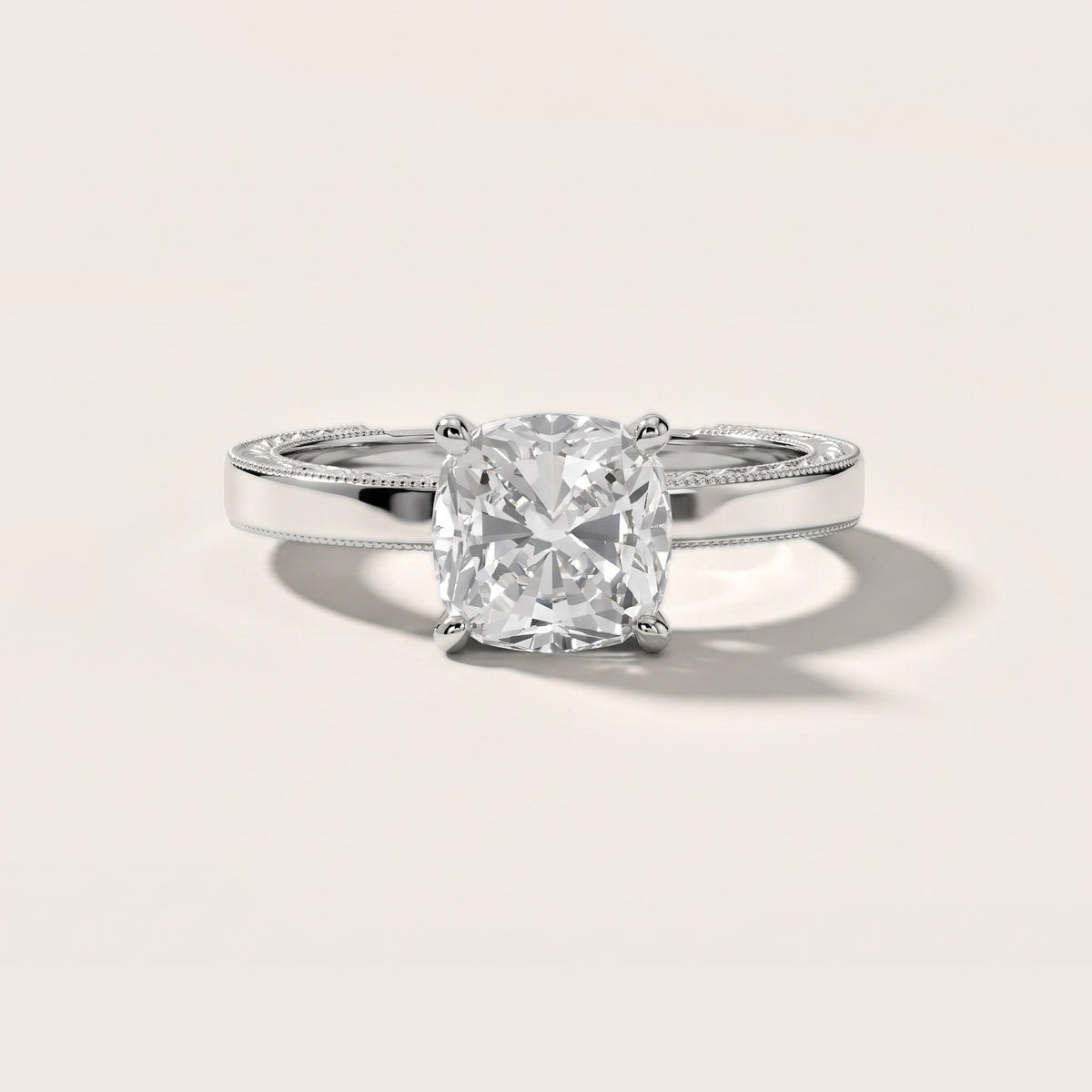 Kerry Engraved Solitaire Cushion Diamond Engagement Ring in Silver - front.jpg