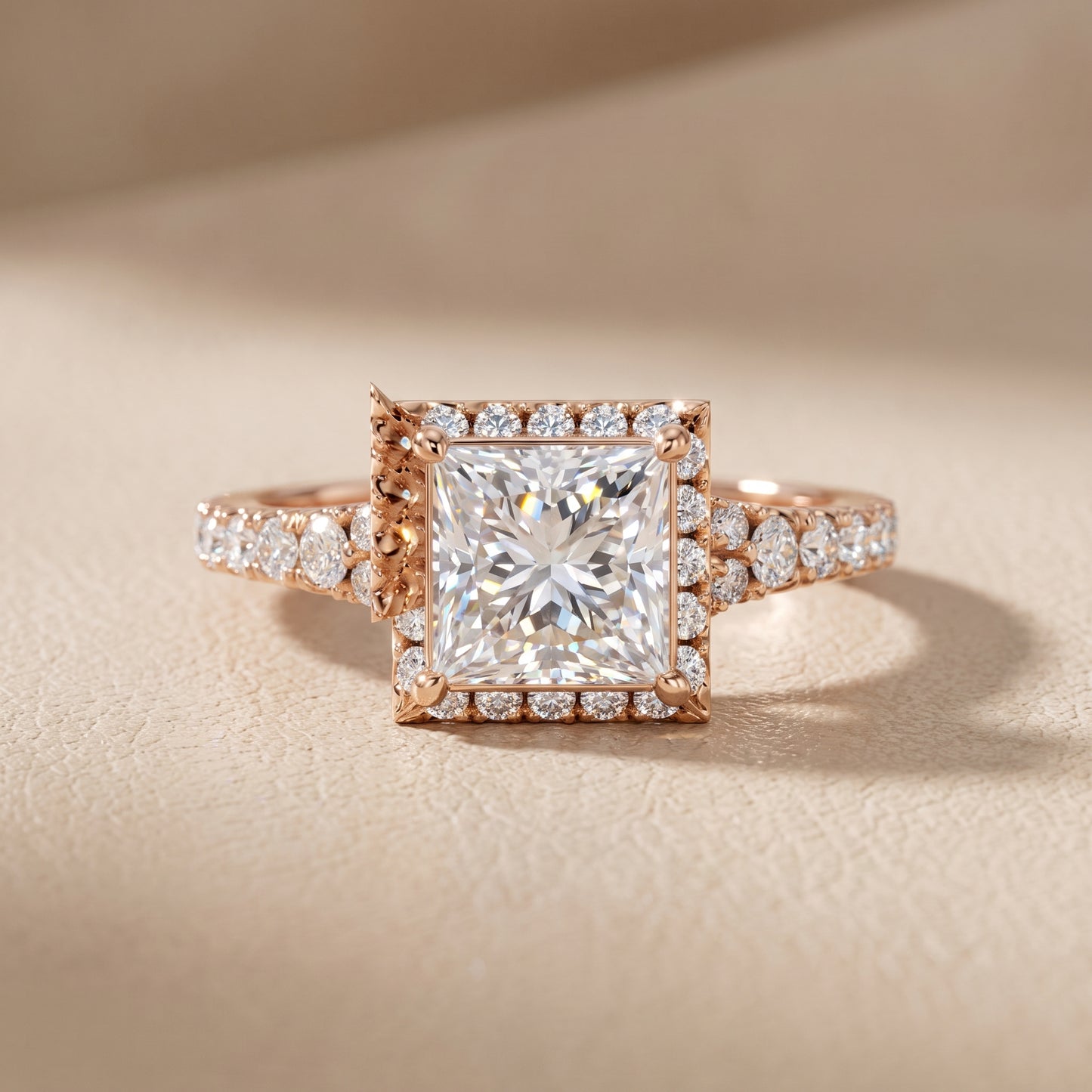 Bella Halo Pavé Princess Diamond Engagement Ring in Rose Gold - front.jpg