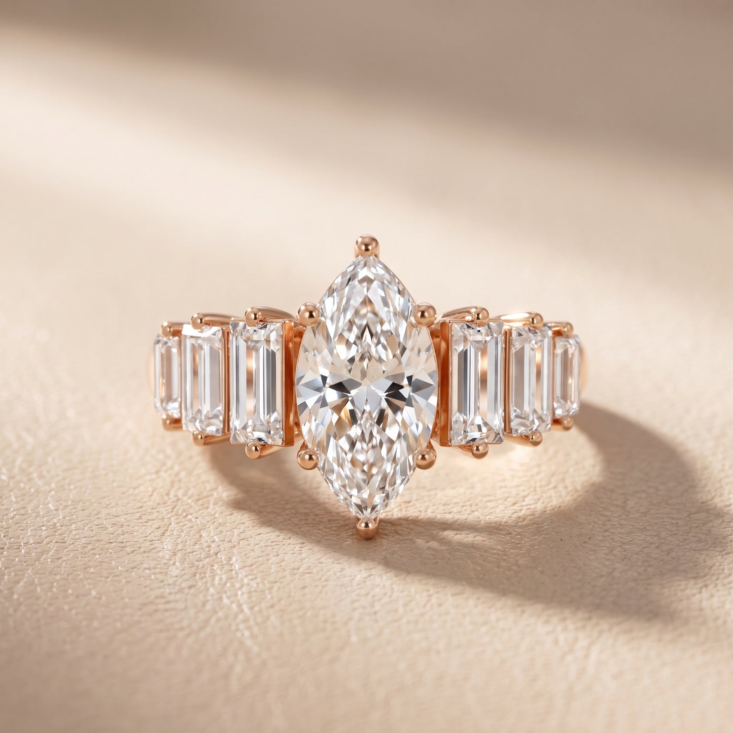 Mara Sidestone Baguette Accent Marquise Diamond Engagement Ring in Rose Gold - front.jpg