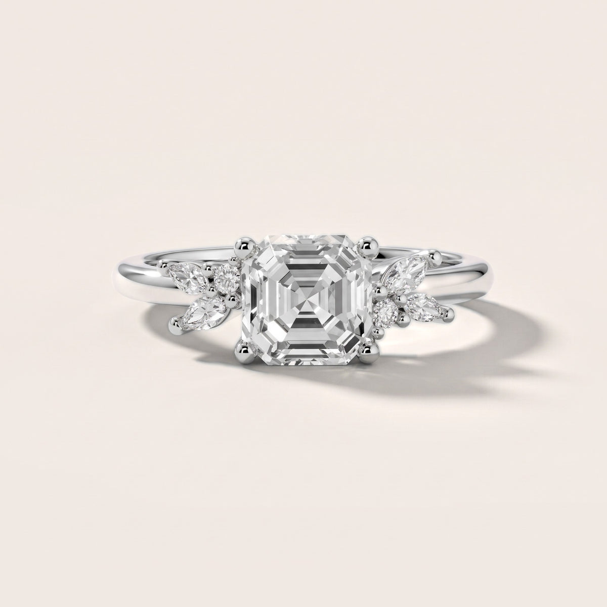 Avon Leaf Cluster Asscher Diamond Engagement Ring in Silver - front.jpg