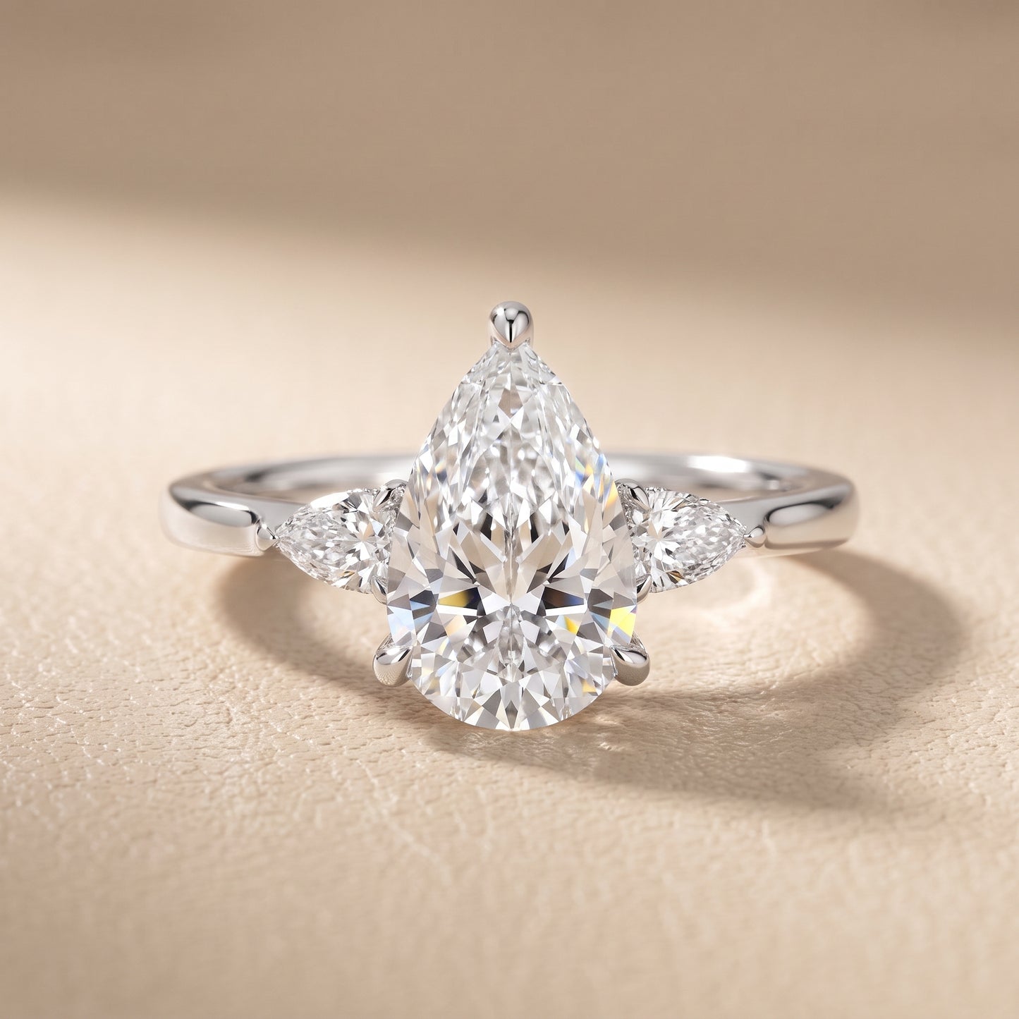 Leila Three-Stone Pear Diamond Engagement Ring in White Gold - front.jpg