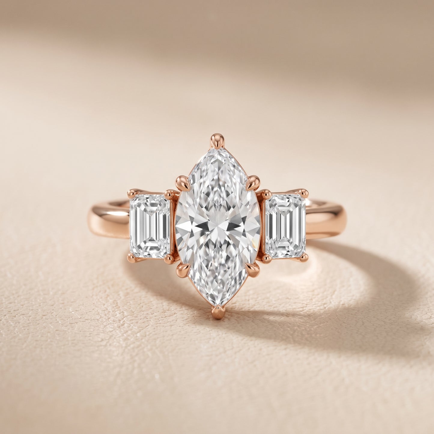 Zoe Three-Stone Marquise Diamond Ring in Rose Gold - front.jpg