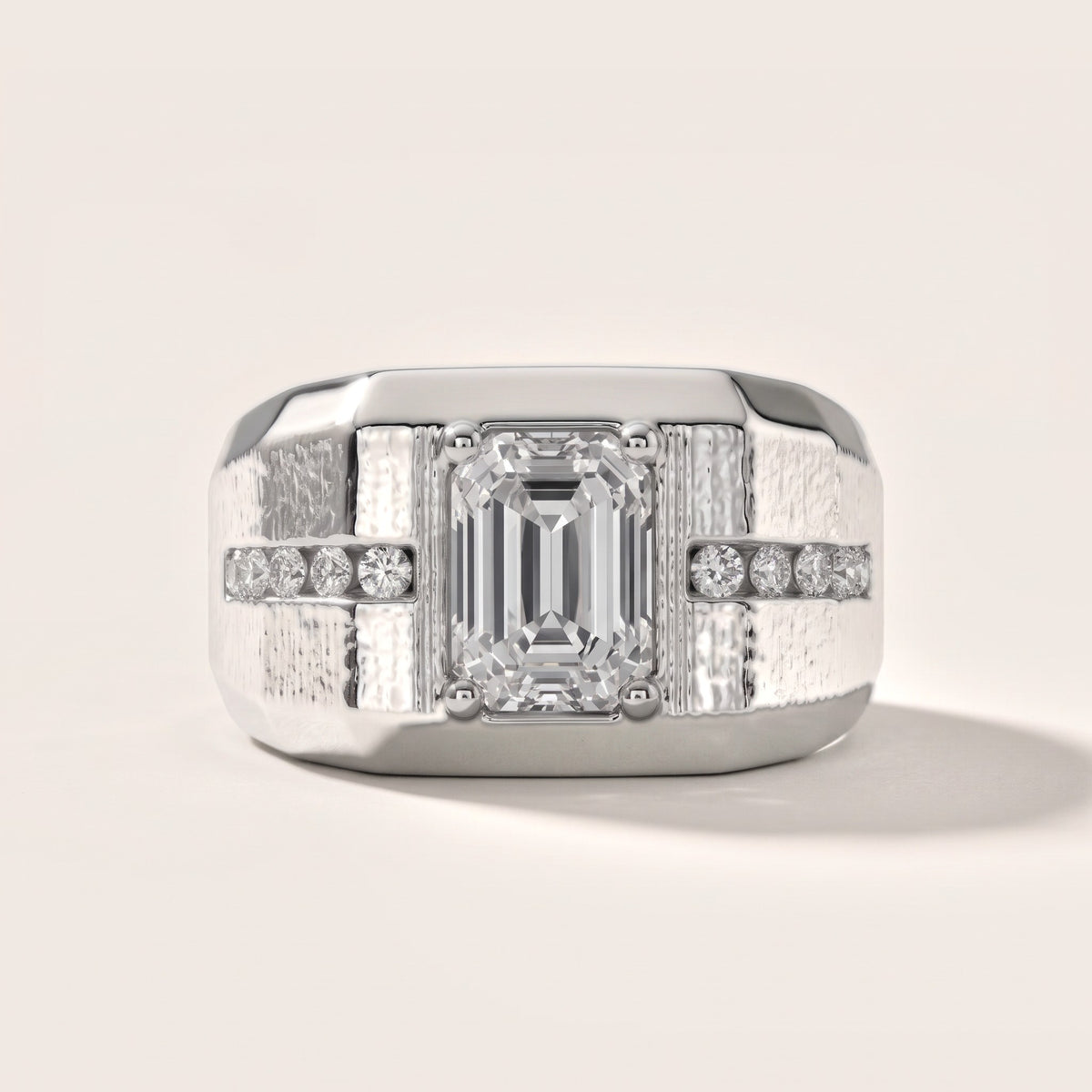 Ames Engraved Channel Set Emerald Diamond Engagement Ring in Silver - front.jpg