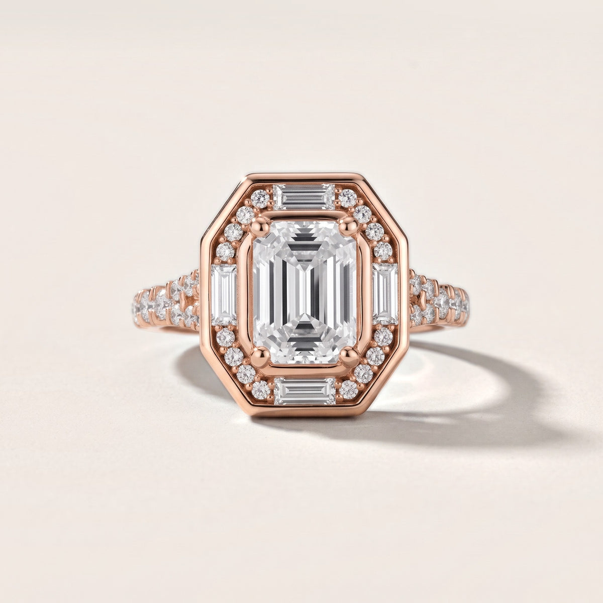 Berea Deco Halo Emerald Diamond Engagement Ring in Rose Gold - front.jpg