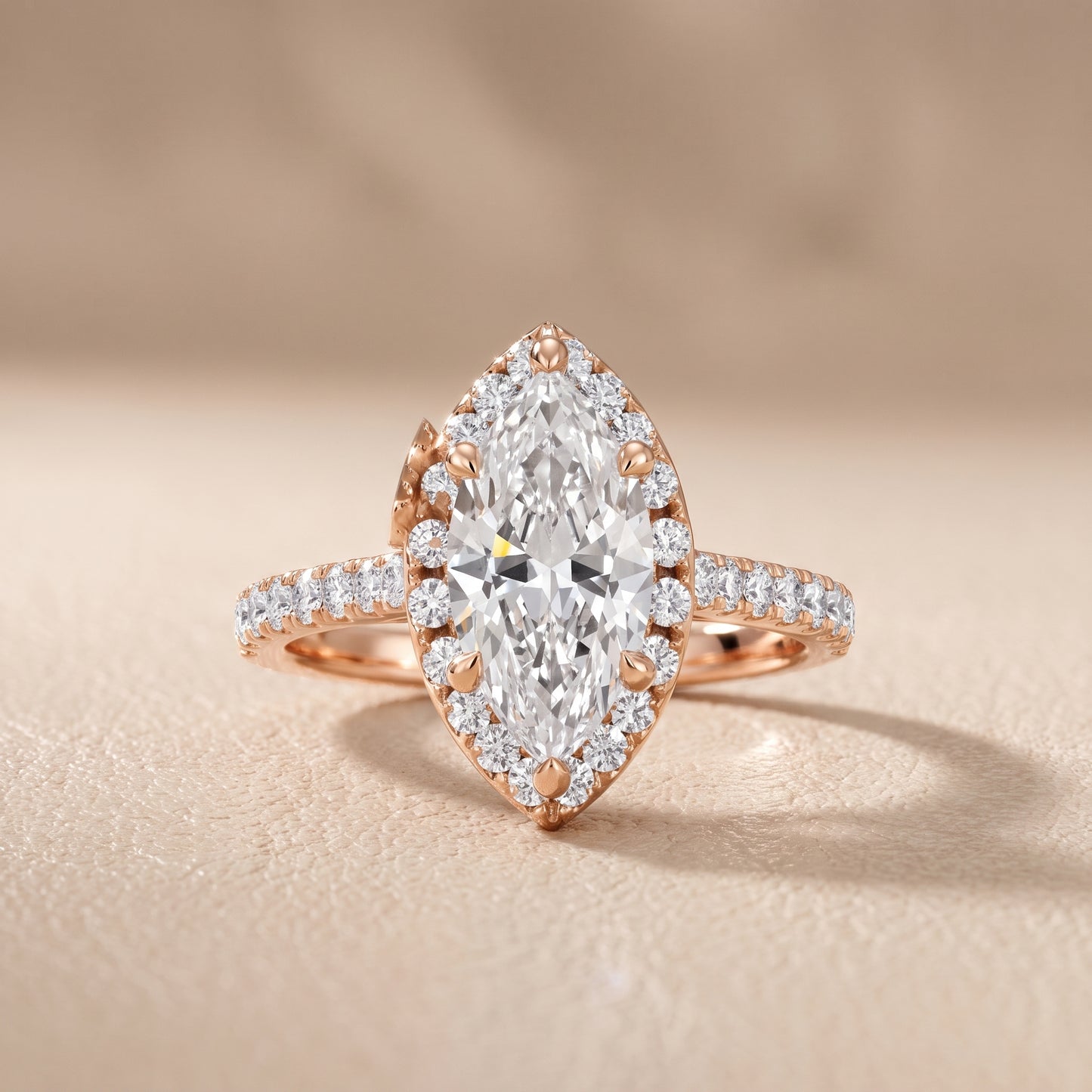 Amara Halo Claw Prong Marquise Diamond Ring in Rose Gold - front.jpg