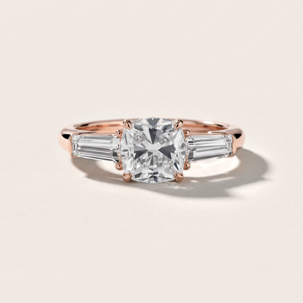 Davina Baguette Three-Stone Cushion Diamond Engagement Ring in Rose Gold - front.jpg