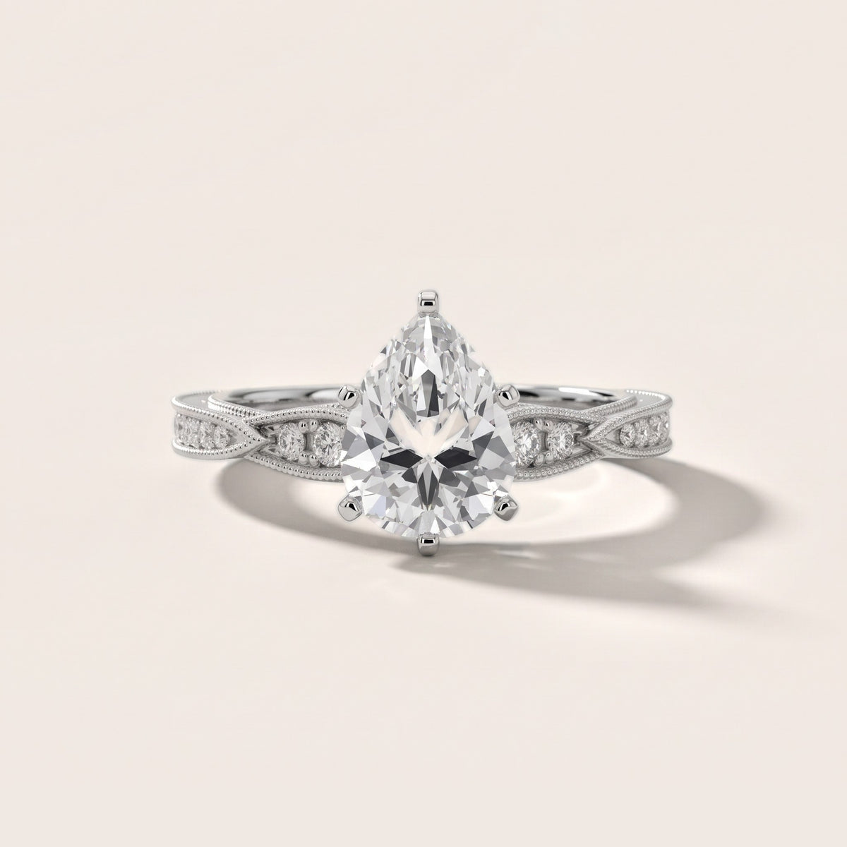 Lucette Scalloped Milgrain Pear Diamond Engagement Ring in Silver - front.jpg