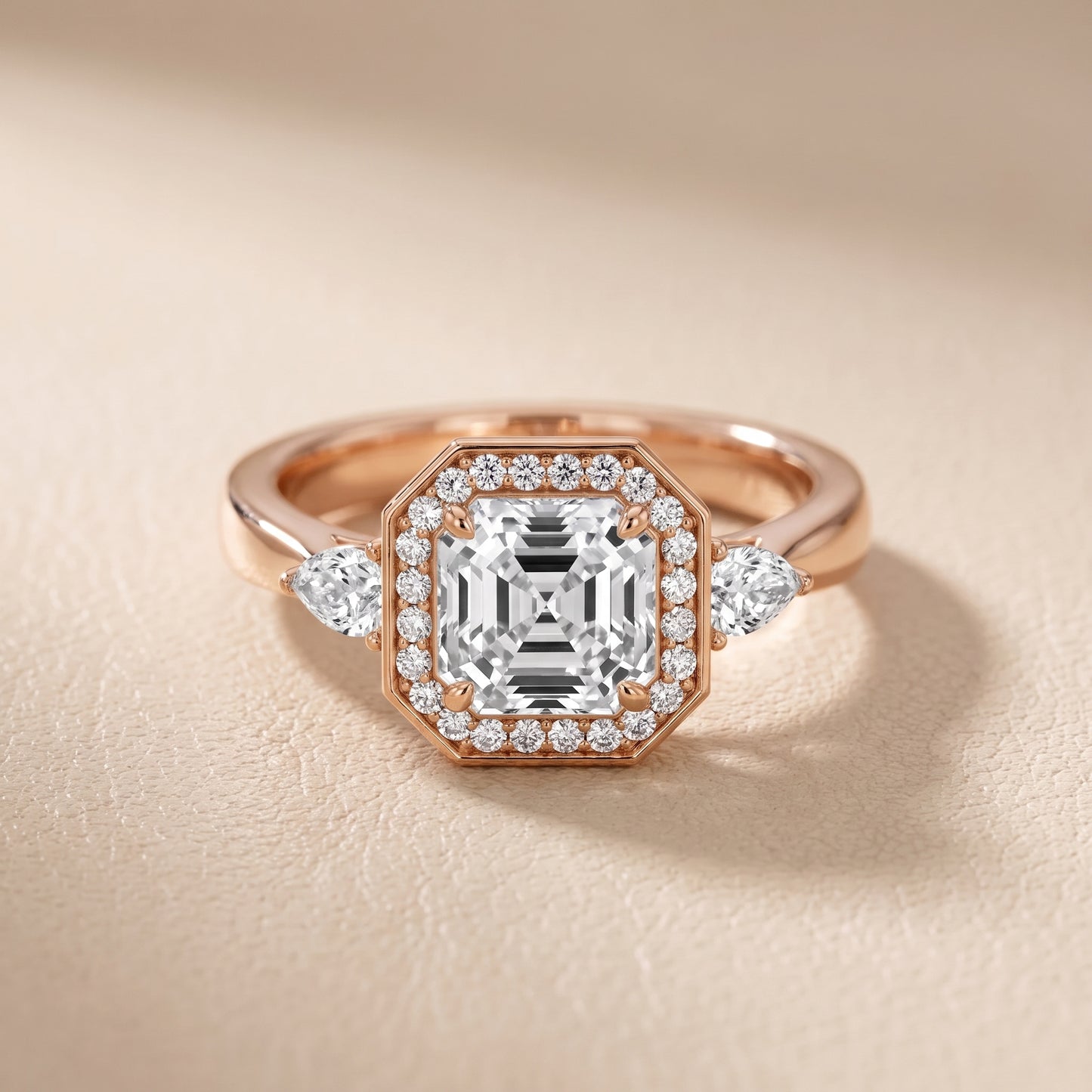 Eliza Halo Sidestone Asscher Diamond Engagement Ring in Rose Gold - front.jpg