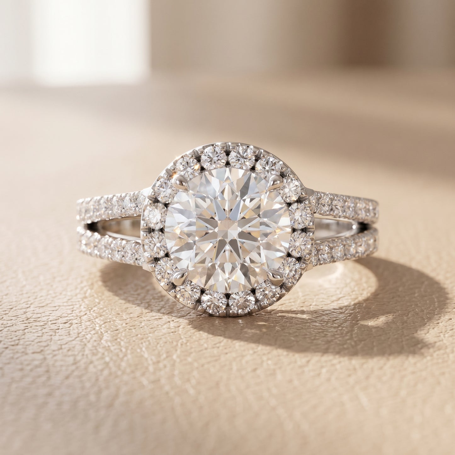Kira Halo Split Shank Round Diamond Engagement Ring in Silver - front.jpg